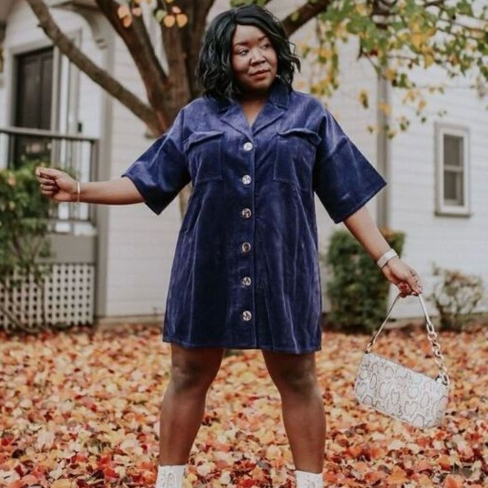 ASOS Denim Women’s Navy Corduroy Oversized Short Sleeve Mini Shirt Dress